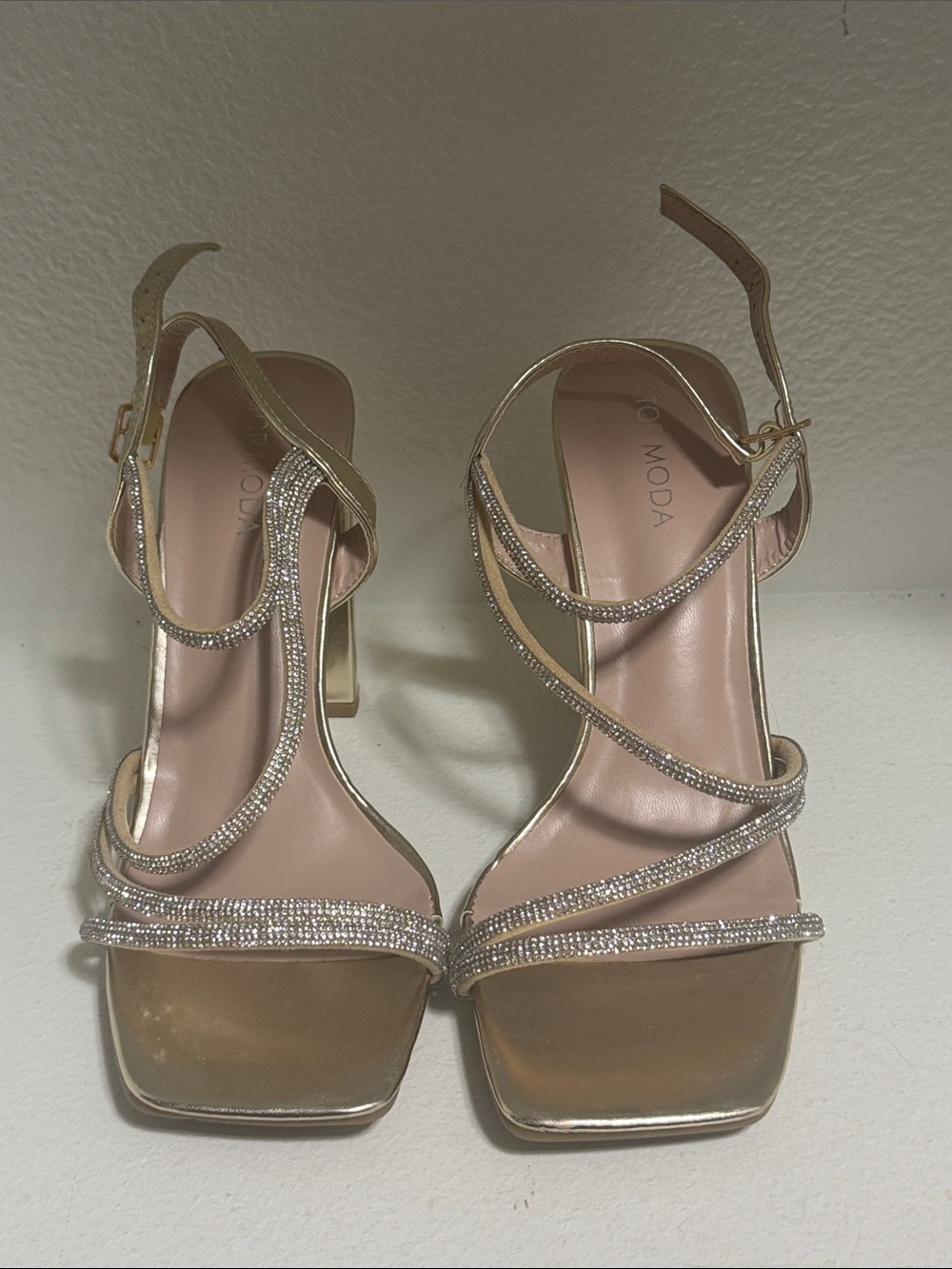 Moda Gold Crystal-Strap Square-Toe Heels